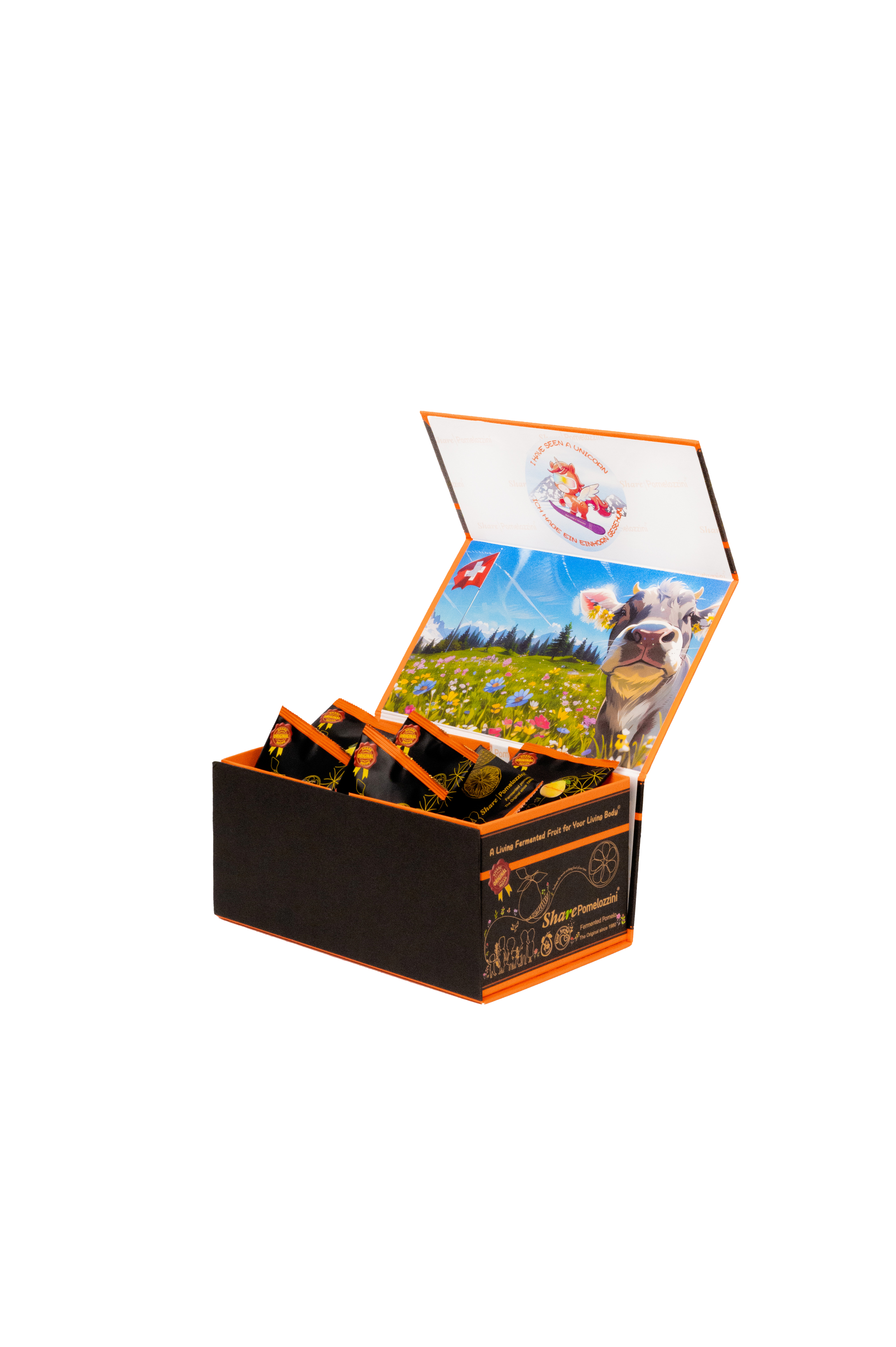 Open box containing pomelozzini with a scenic design on the lid