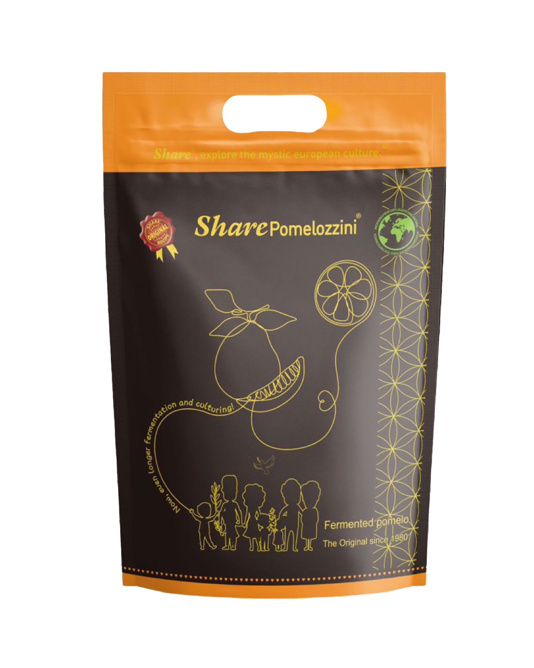 Share Pomelozzini packaging with orange top and black body on a white background